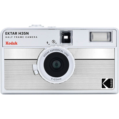 White Kodak Ektar H35N half-frame film camera with a silver metallic front, 22mm lens, and built-in flash.