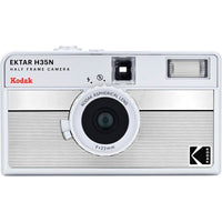 White Kodak Ektar H35N half-frame film camera with a silver metallic front, 22mm lens, and built-in flash.