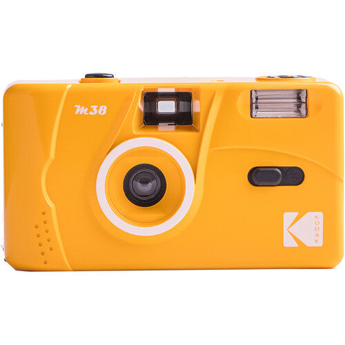 Bright yellow Kodak M38 35mm reusable film camera with a built-in flash and compact plastic body design.
