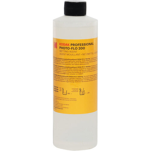 16oz bottle of Kodak Photo-Flo 200 wetting agent with a yellow label and black cap for film processing.