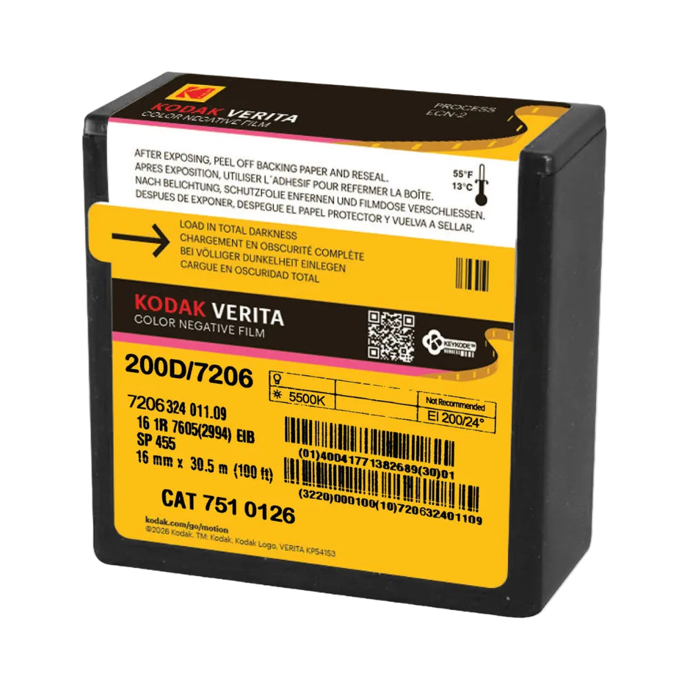 A Kodak Verita 200D/7206 color negative film roll in a black plastic container with a large yellow and black label, photographed on a plain white background.