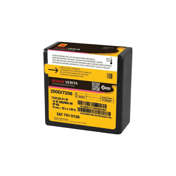 A Kodak Verita 200D/7206 color negative film roll in a black plastic container with a large yellow and black label, photographed on a plain white background.