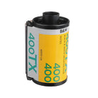 Roll of black and white film with yellow label on a white background