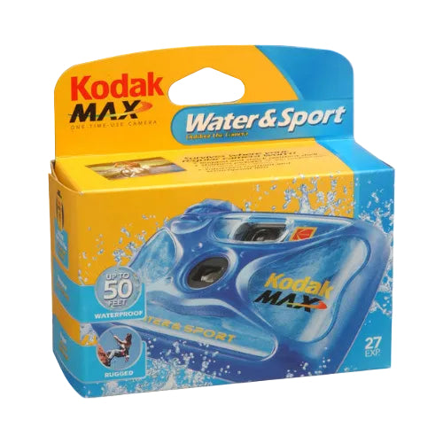 Kodak Sport waterproof single-use camera in blue rugged shell, 27-exposure box with underwater and outdoor graphics.