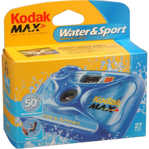 Kodak Sport waterproof single-use camera in blue rugged shell, 27-exposure box with underwater and outdoor graphics.