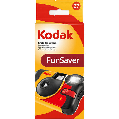 Kodak FunSaver single-use instant camera packaging, featuring a yellow and red box with a photo camera illustration on the front.