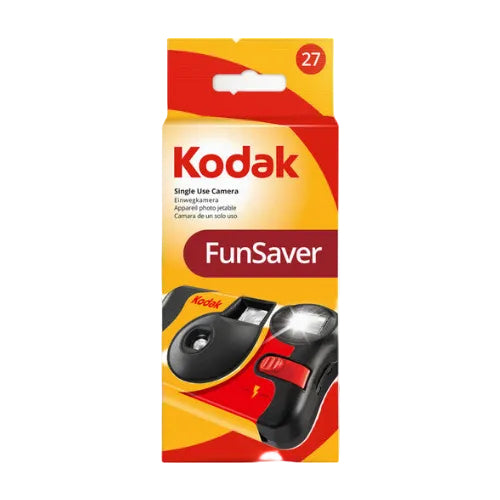 Kodak FunSaver single-use instant camera packaging, featuring a yellow and red box with a photo camera illustration on the front.