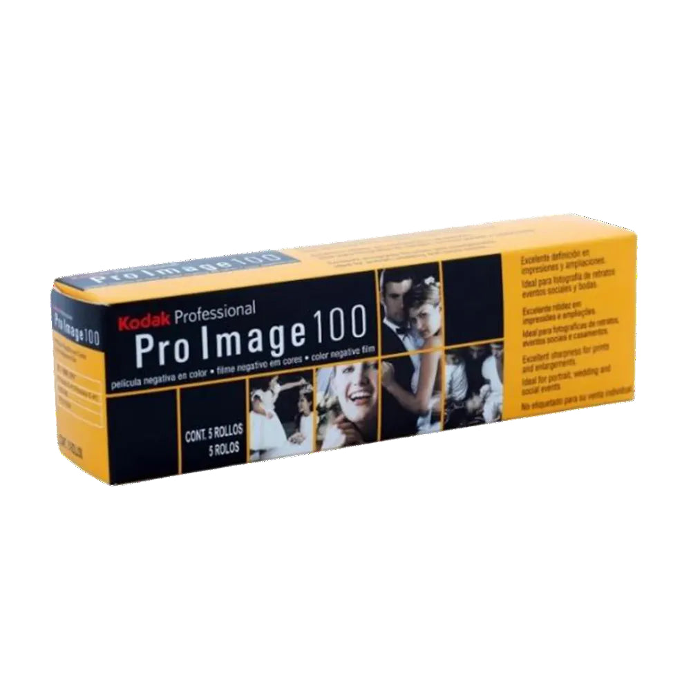 Kodak Professional Pro Image 100 color negative film box, containing 5 rolls (9 rollos) on a plain white background.