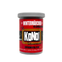 A cylindrical plastic canister of Kono! Wintermächen pre-exposed experimental film, featuring a red label with black and white text and a gray screw-on lid, isolated on a white background.