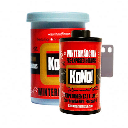 Two KoNo! film canisters on a white background, one larger canister in back with a light blue lid and one smaller canister in front with a black lid. Both feature red and black labels with white text.
