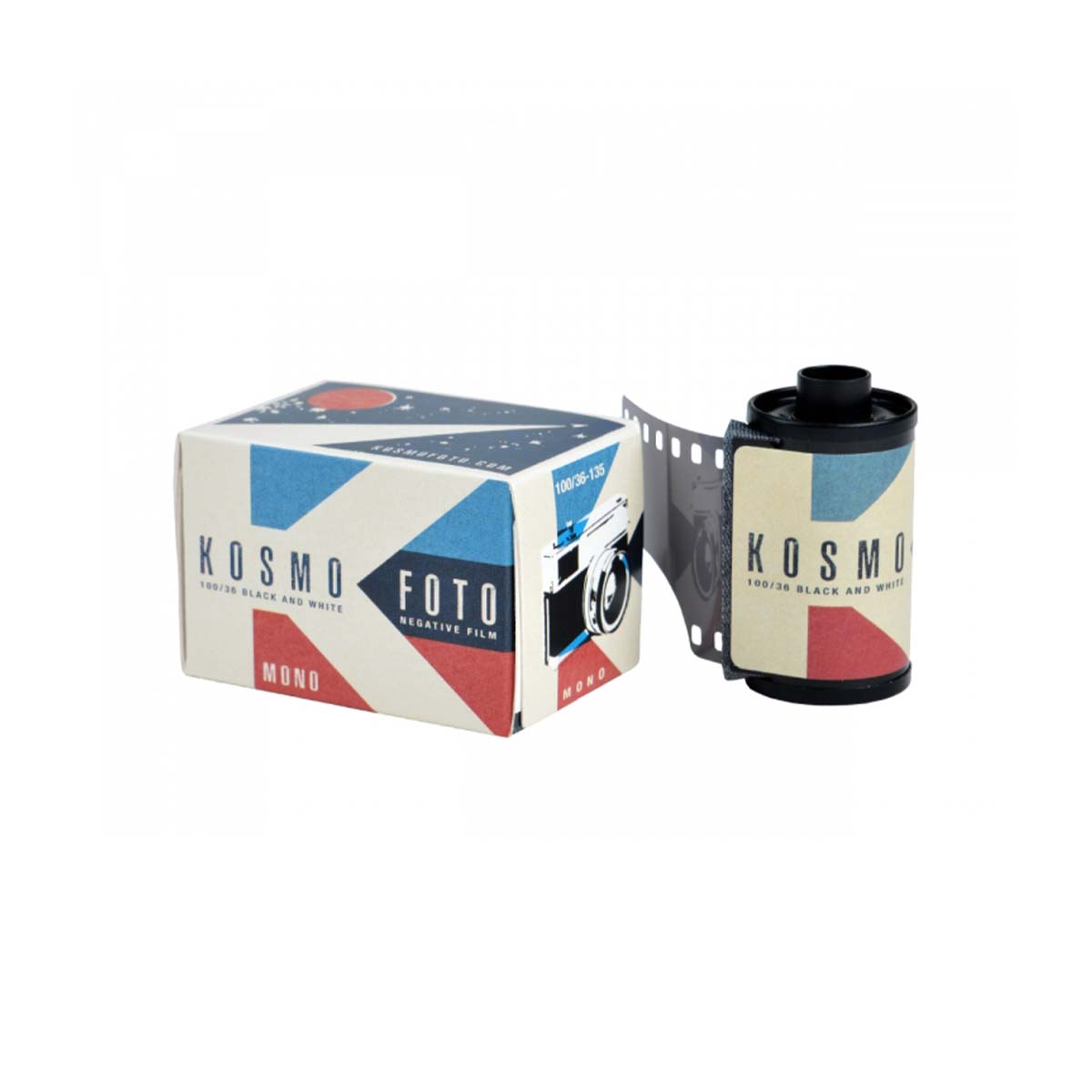 Kosmo Foto Mono 100 ISO 35mm film roll and its retro-style blue, red, and cream cardboard box packaging.