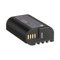 Black camera battery with brand logo on a white background