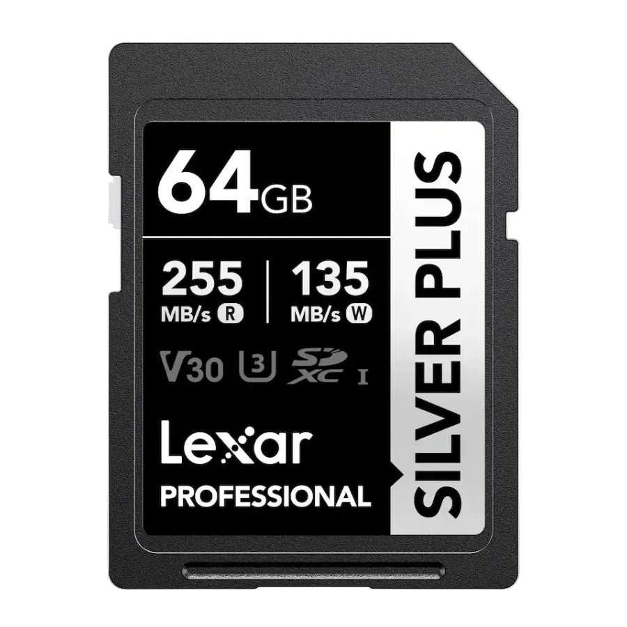 Lexar Silver Plus 64GB professional SD card with black and silver color scheme, showing speed ratings of 255 MB/s R and 135 MB/s W.