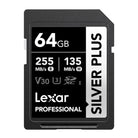 Lexar Silver Plus 64GB professional SD card with black and silver color scheme, showing speed ratings of 255 MB/s R and 135 MB/s W.
