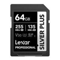 Lexar Silver Plus 64GB professional SD card with black and silver color scheme, showing speed ratings of 255 MB/s R and 135 MB/s W.