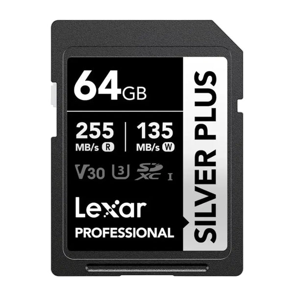 Lexar Silver Plus 64GB professional SD card with black and silver color scheme, showing speed ratings of 255 MB/s R and 135 MB/s W.