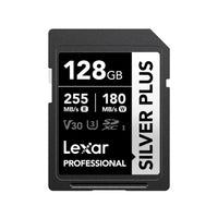 Lexar Professional 128GB SD card with performance specifications on a white background