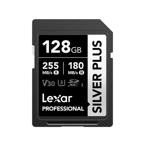 Lexar Professional 128GB SD card with performance specifications on a white background