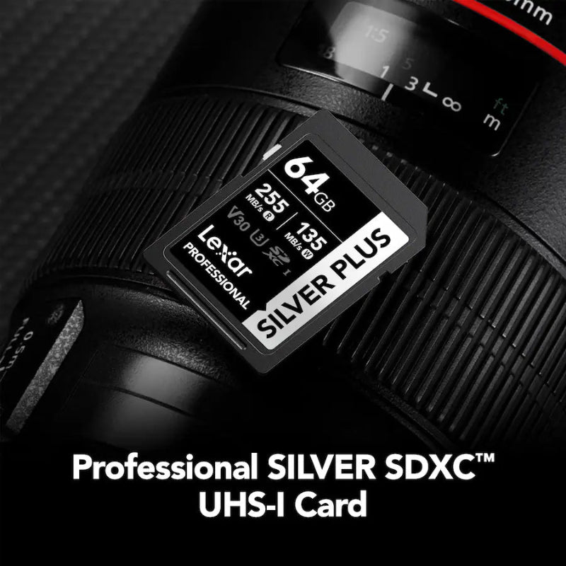 Lexar Professional SILVER SDXC UHS-I card on a camera lens