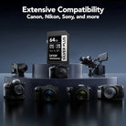 Lexar Professional 64GB Silver Plus SD card displayed on a dark pedestal with multiple cameras around it, under the text 'Extensive Compatibility Canon, Nikon, Sony, and more'.