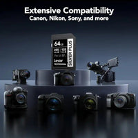 Lexar Professional 64GB Silver Plus SD card displayed on a dark pedestal with multiple cameras around it, under the text 'Extensive Compatibility Canon, Nikon, Sony, and more'.