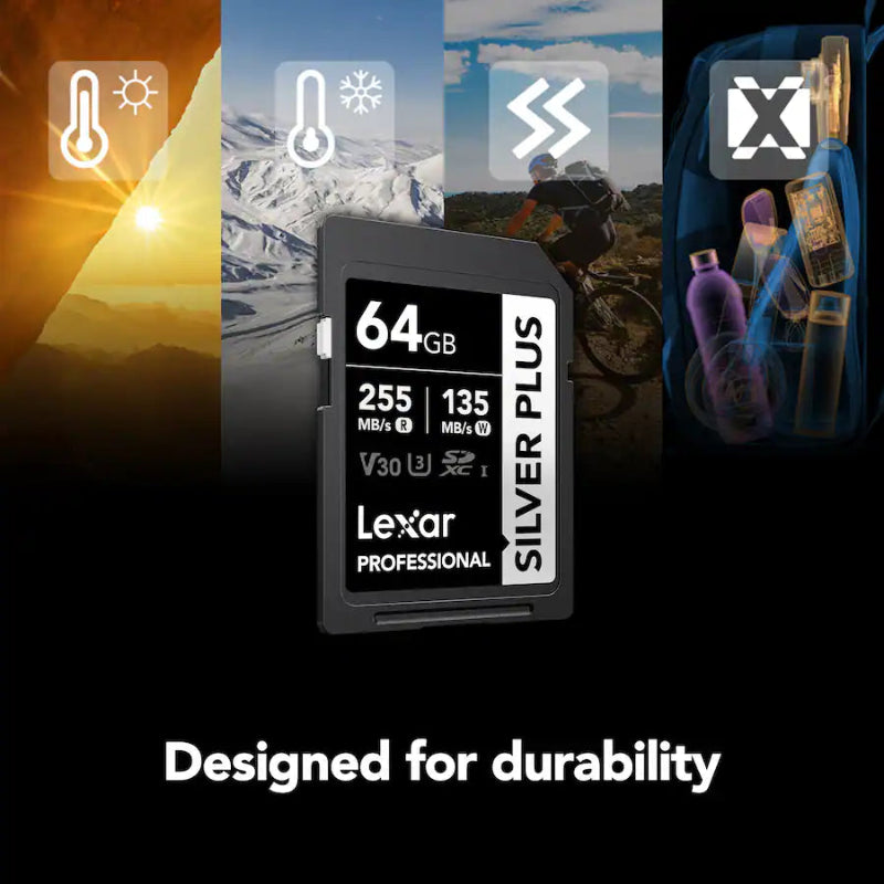 Lexar Professional 64GB Silver Plus SD card centered on a black background, surrounded by four vertical lifestyle panels showing outdoor and travel use cases, with the text 'Designed for durability' below.