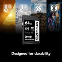Lexar Professional 64GB Silver Plus SD card centered on a black background, surrounded by four vertical lifestyle panels showing outdoor and travel use cases, with the text 'Designed for durability' below.