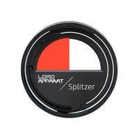A circular black camera lens adapter ring for the Lomo Apparat Splitzer film format, featuring a red and white color block graphic on the front with white text.