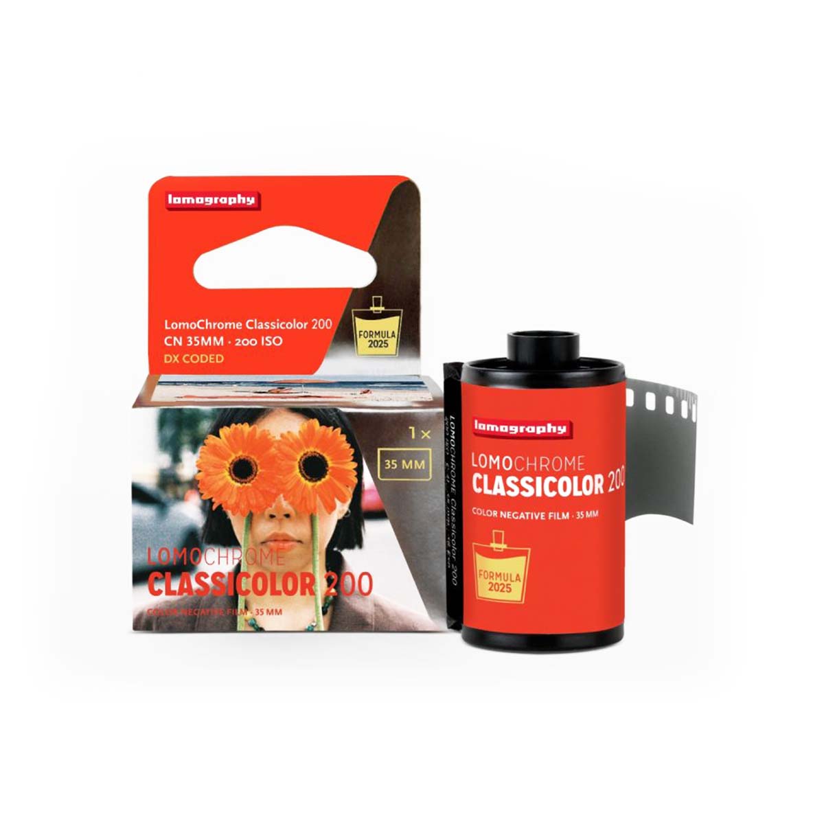 Lomography Classicolor 200 film shown with its retail box and a roll of negative film on a plain white background.