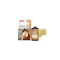A package of LomoChrome Color '92 Sun-kissed 35 mm ISO 400 film with a photograph of a woman on the packaging.