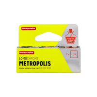 Lomography Metropolis 120 color negative film roll in a bright yellow and silver box with Formula 2021 branding.