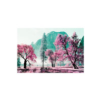 Mountain landscape with vibrant purple and pink trees captured on LomoChrome Purple Petillant 35mm film.