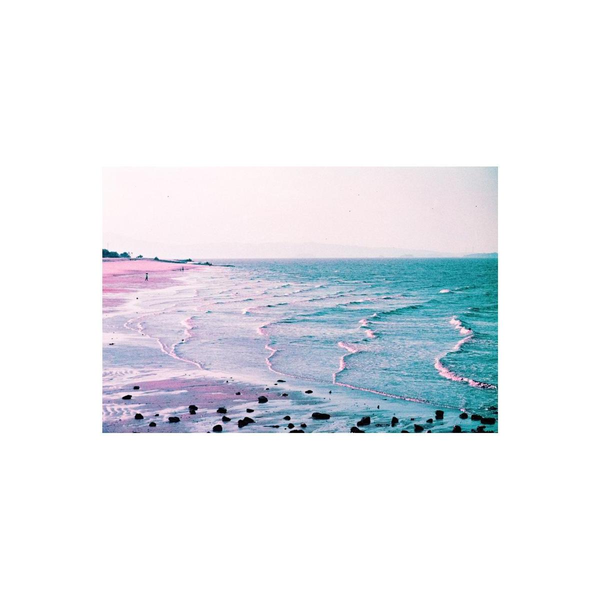 Seascape shot on LomoChrome Purple film showing a beach with surreal violet sand and teal ocean waves.