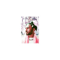 Portrait of a man with a beard wearing a pink scarf, captured with LomoChrome Purple film's signature violet color shifts.