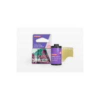 Lomography LomoChrome Purple Petillant 35mm color negative film canister and box with purple and landscape graphics.