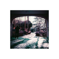 A person walking on a cobblestone path framed by an archway, captured in surreal purple and plum tones on 120 film.