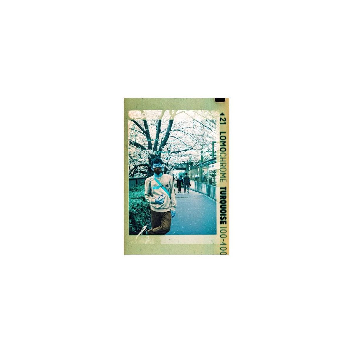 LomoChrome Turquoise 110 film print showing a person on a path with vibrant cyan, blue, and gold color shifts.