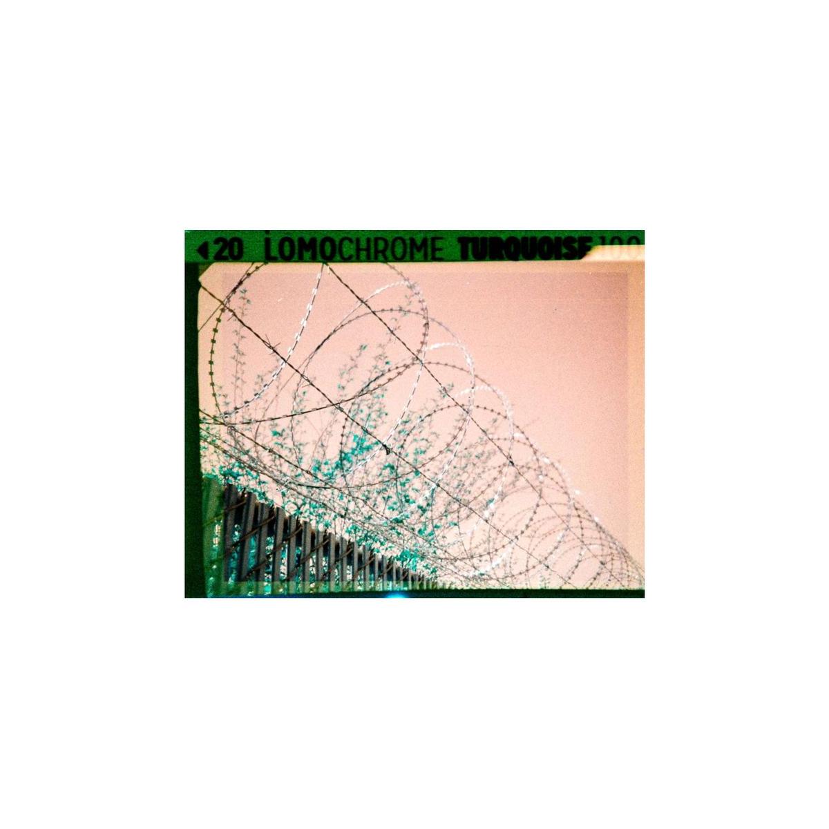 Barbed wire fence captured on LomoChrome Turquoise 110 film with distinct cyan and emerald color shifts.