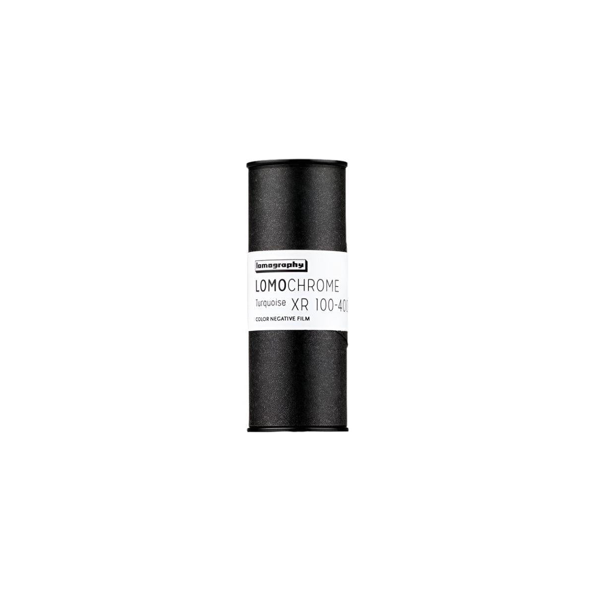 A roll of Lomography Turquoise ISO 100–400 color negative film.