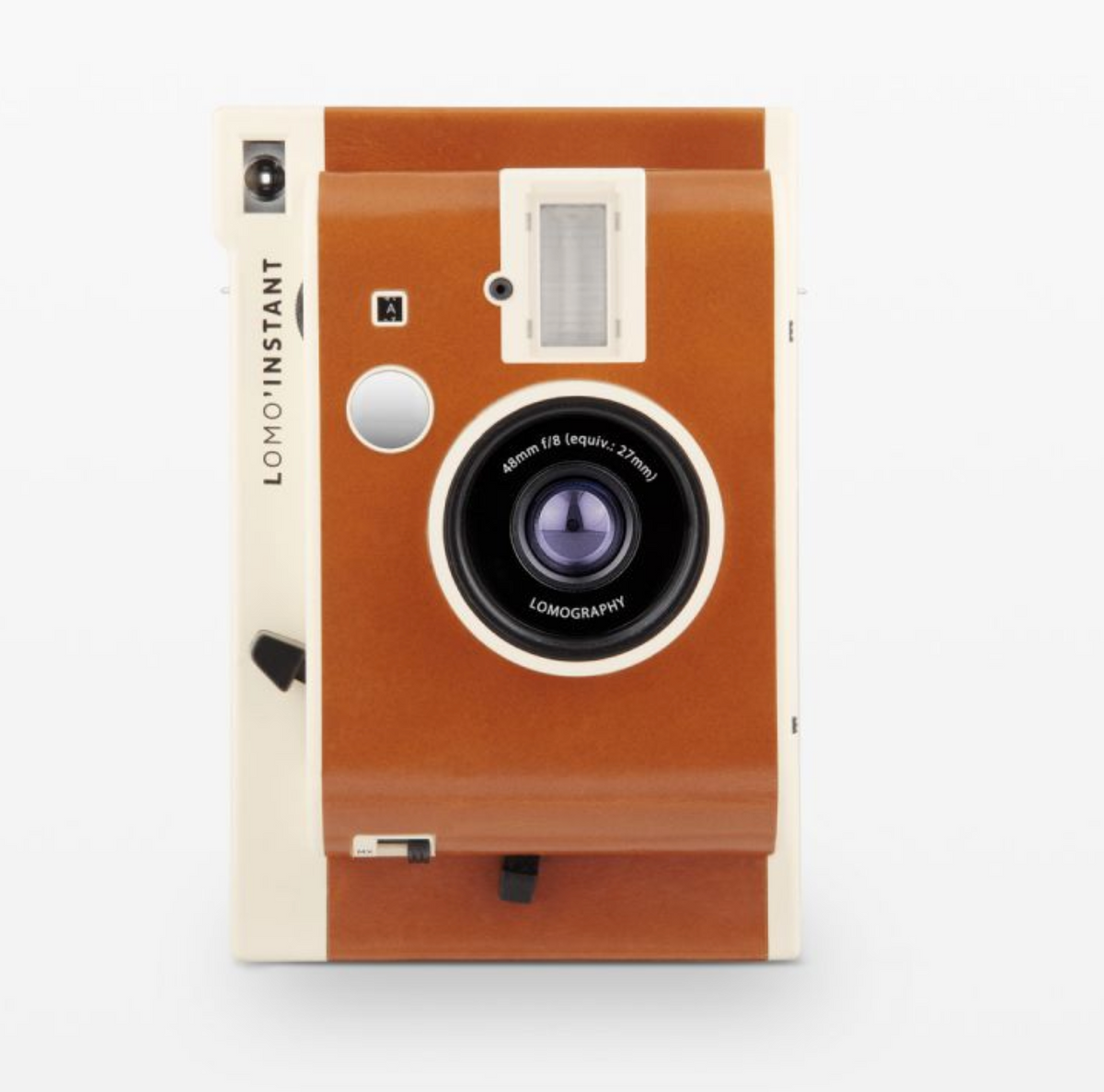 A white Lomography Lomo'Instant Instant Film Camera with a visible lens and flash on a white background.