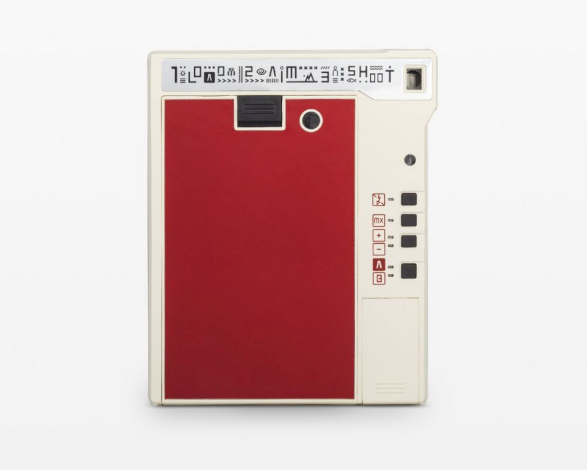 Vintage-style camera with a red backlit viewfinder on a white background.