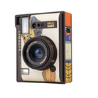 A retro-style instant camera featuring a cream-colored body with a colorful Art Nouveau illustration of a woman's face on the front. The camera has a black lens, black trim, and a side panel with orange, yellow, and blue geometric patterns.