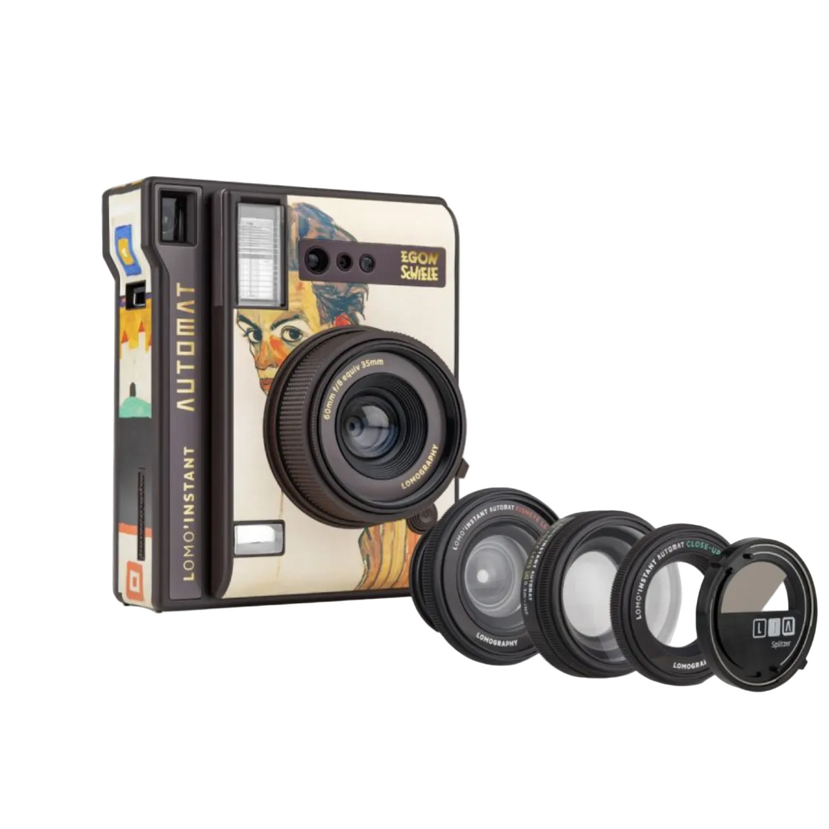 Lomo’Instant Automat & Lenses Schiele Edition instant camera with artwork by Egon Schiele, including fisheye, wide-angle and close-up lens attachments.