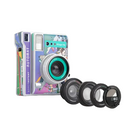 A Longinstant Automat Film-Finish camera with a colorful graffiti-style wrap, shown alongside four interchangeable lenses on a light gray background.