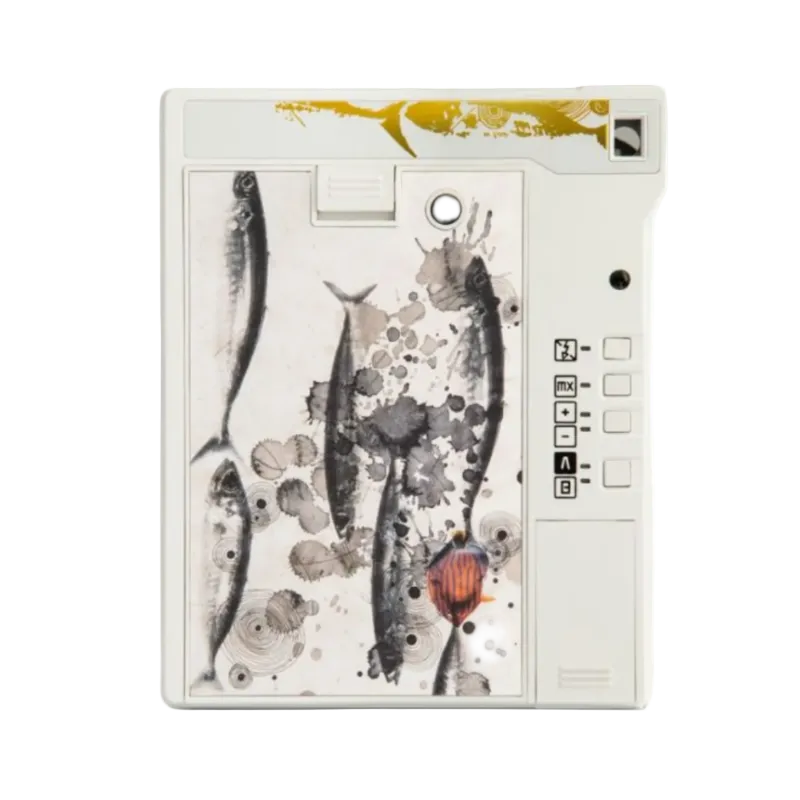 A white electronic device with a watercolor-style fish print on the front, featuring a side panel with buttons and a small display window.