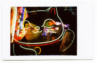 A square instant photograph with a white border showing a neon-lit cat-shaped display at night, with a blurred face reflected in the glass.