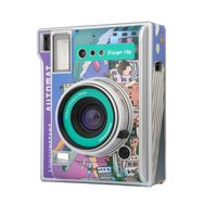 A vintage-style instant camera with a colorful illustrated wrap featuring a purple and teal cityscape design, shown on a clean white background.
