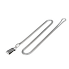 A silver metal chain camera lanyard with a sturdy clasp, isolated on a white background.