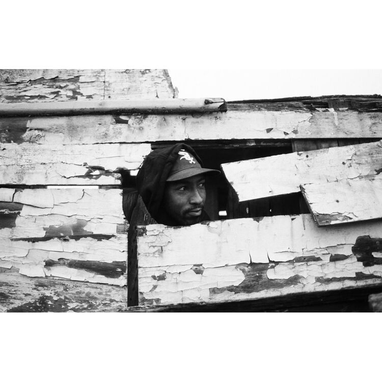 Person peeking through a peeling wooden surface