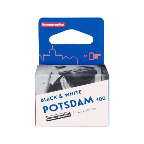 A box of Ikonography Potsdam 100 35 mm black and white KINO film, featuring a blue hanger card and a black and white photograph on the front.